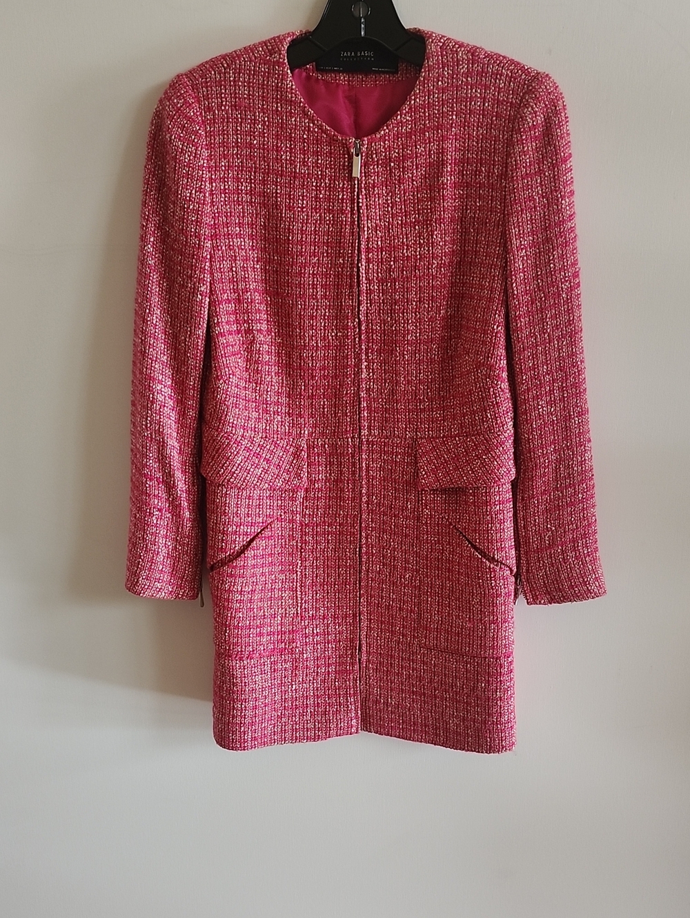 Zara Hot Pink Tweed Zip-Front Coat Jacket